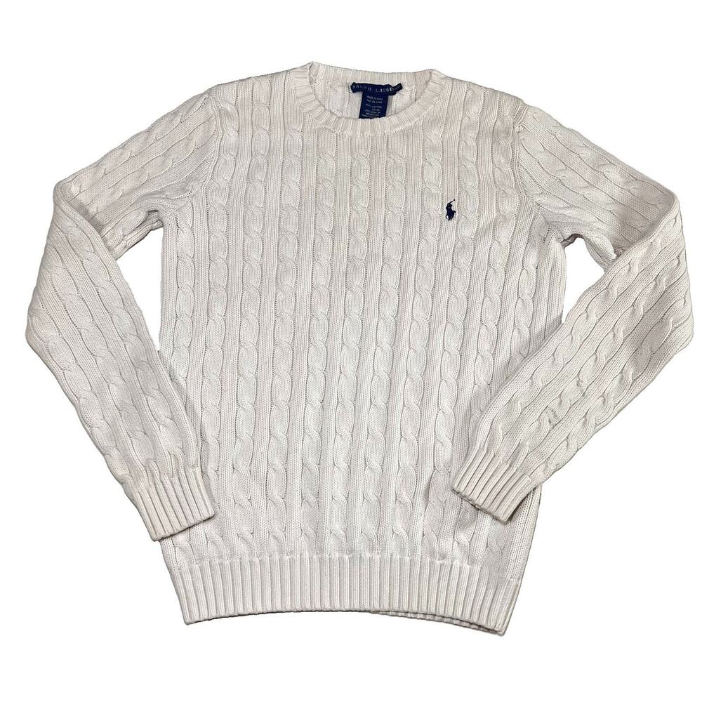 Ralph Lauren Women Size M White Cable Knit Cotton Sweater Pony Logo Crewneck